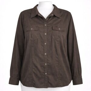 Preview International Brown Linen Blend Long Sleeve Button Down Shirt 1X Country